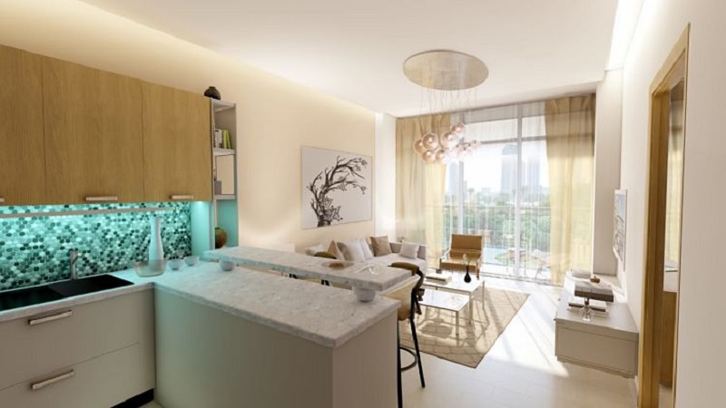 Samana Golf Avenue at Dubai Studio City DSC - Kitchen and living room
