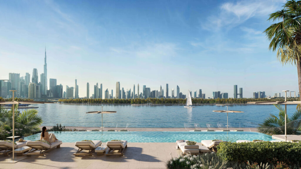 swimming pool view on the lake and Burj Khalifa in the horizon