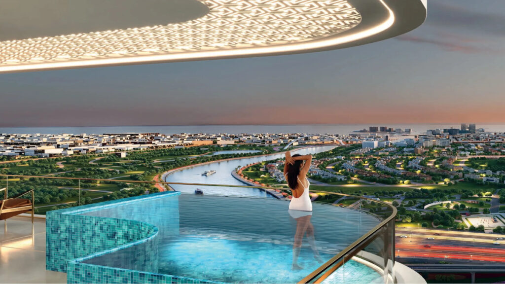 terrace with private swimming pool view of the Canal - Bayz 102 by Danube Properties