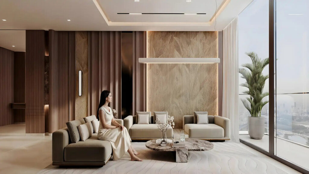 Binghatti Luxuria JVT Off-Plan Apartments in Jumeirah Village Triangle - living room with balcony