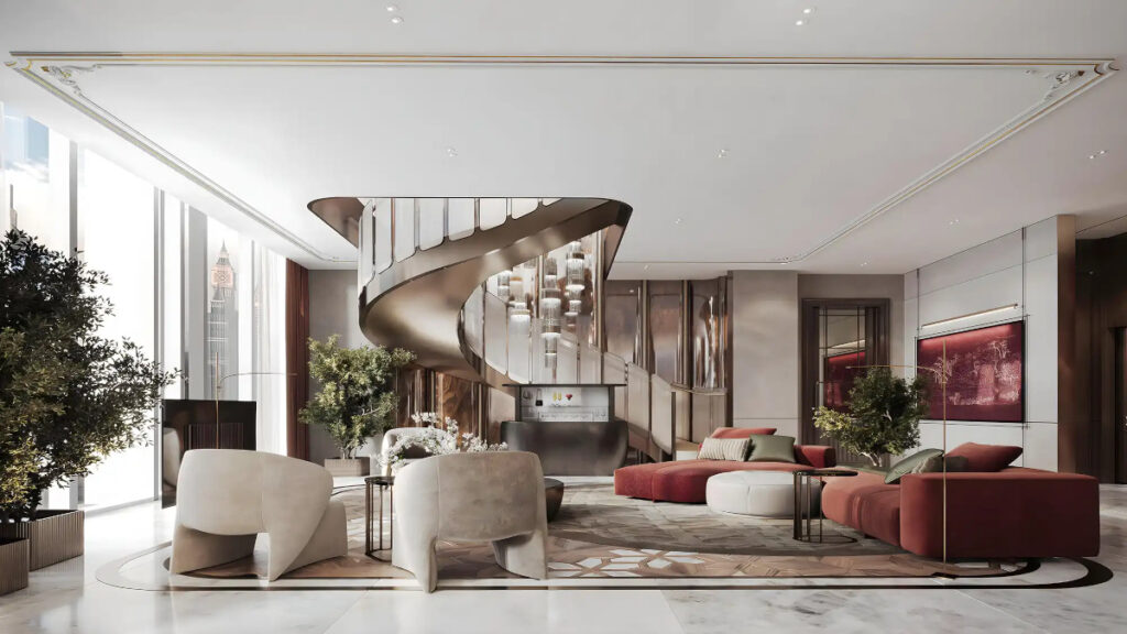 living room with stair to the second floor - penthouse