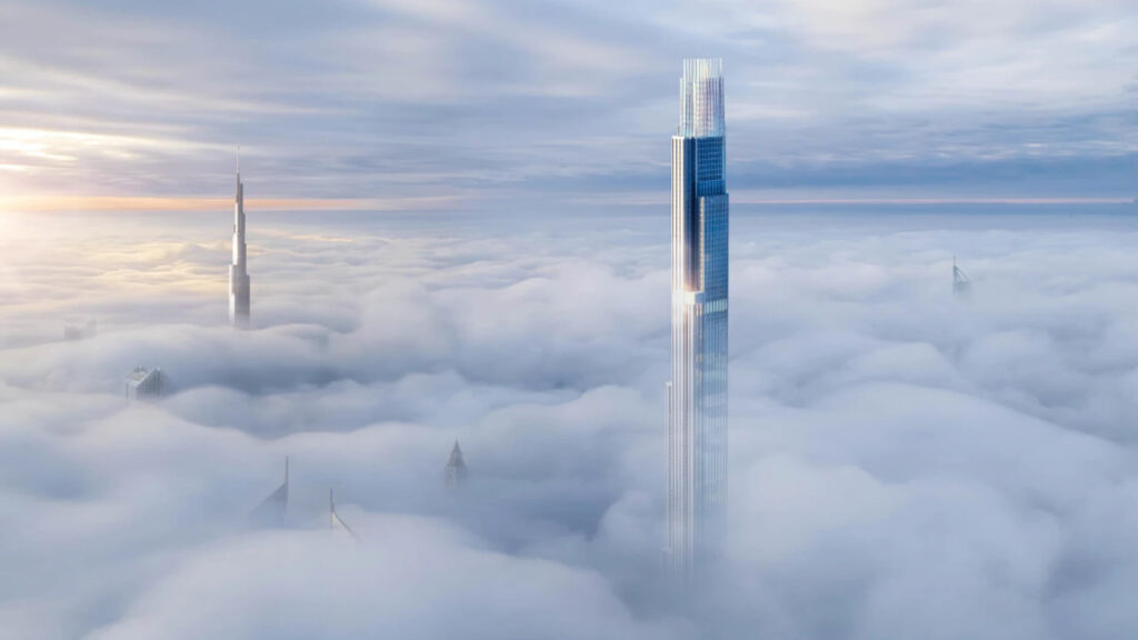 Burj Azizi and Burj Khalifa over the cloud
