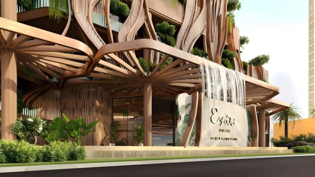 Building's logo under waterfall