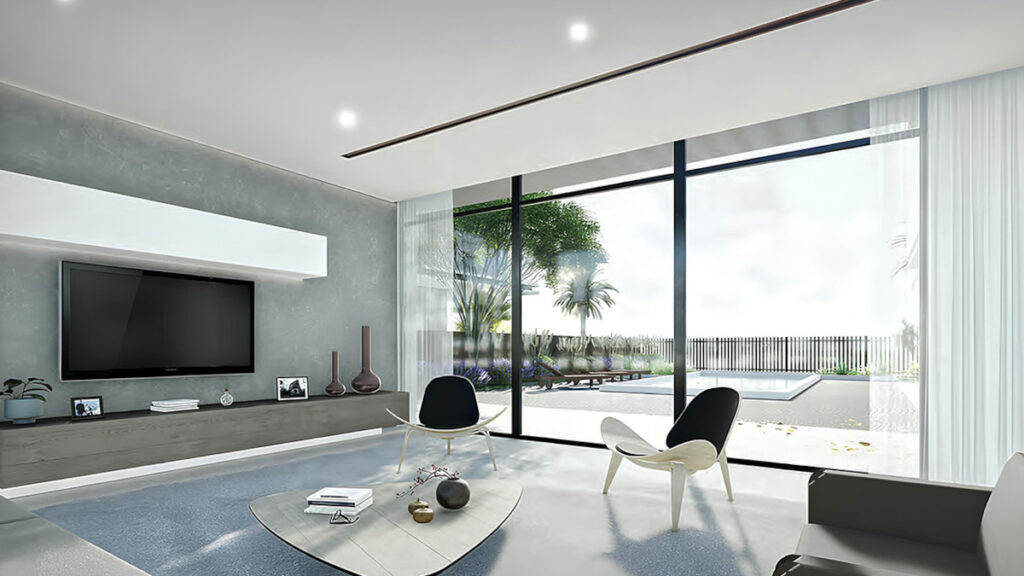 living room and view of the swimming pool