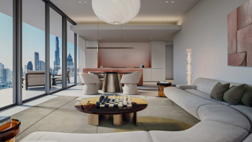 living room, dining table, and open kitchen