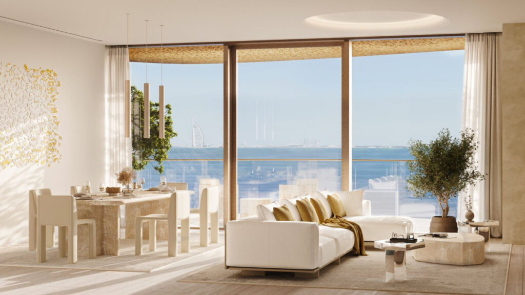 Dining table and living room with sea view - Maison Margiela Residences - Palm Jumeirah