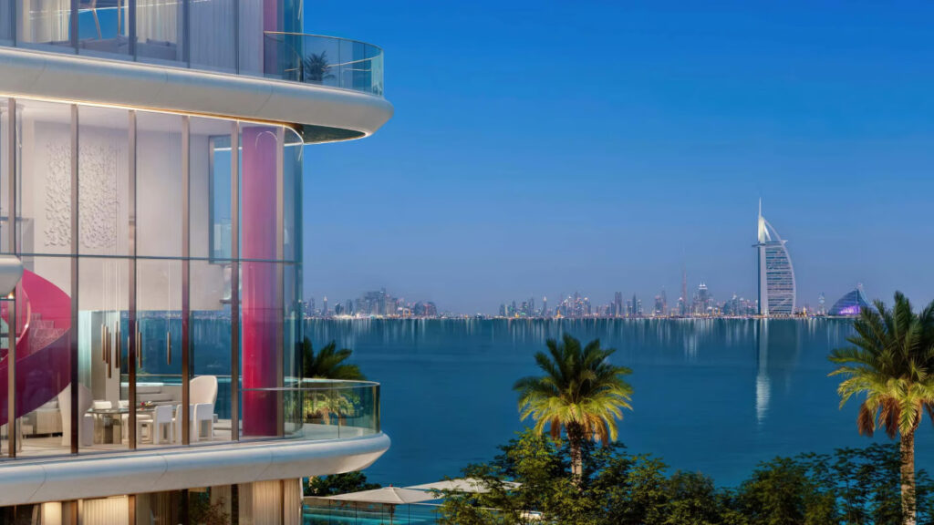 Night view of Burj Al Arab and full floor to ceiling windows and open balconies
