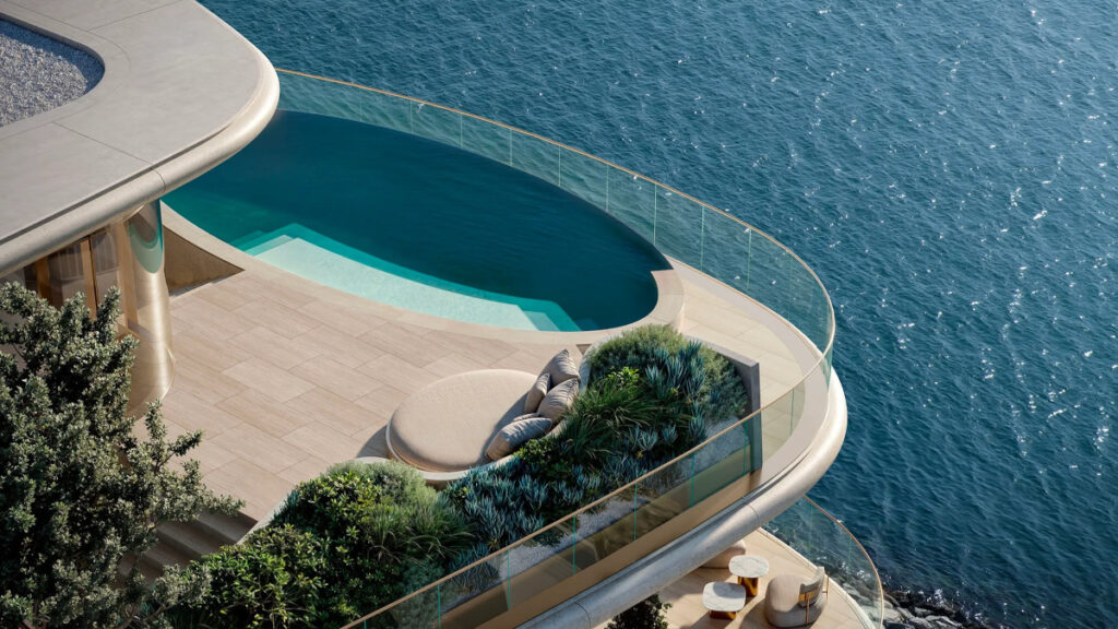A view of the terrace and private swimming pool in it overseeing the blue waters of the Gulf