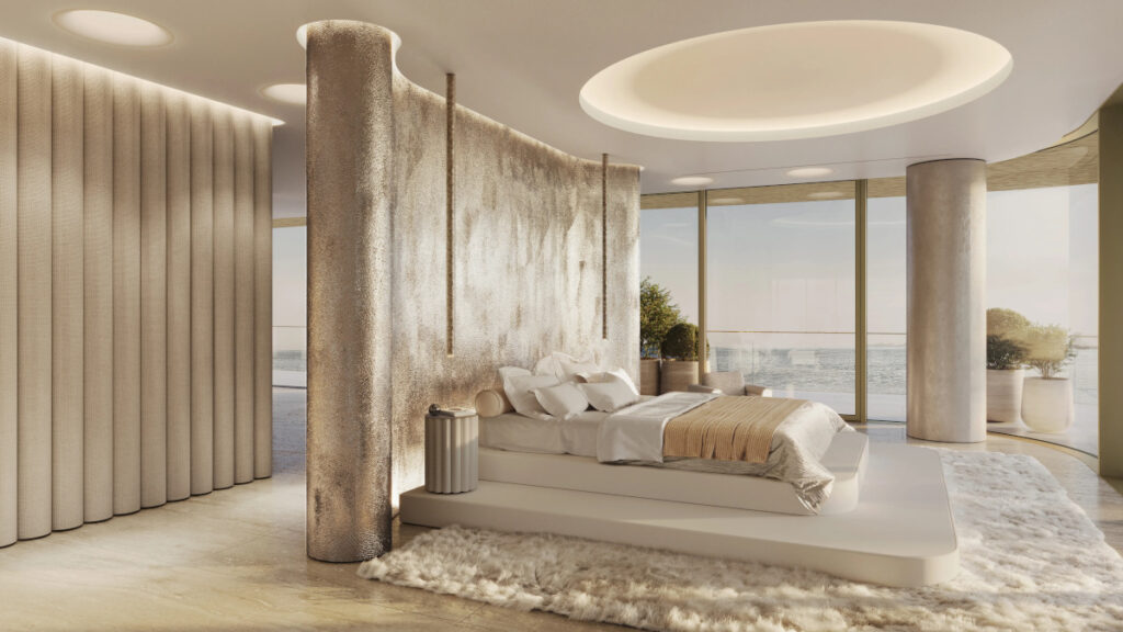 Ultra luxurious bedroom at the Maison Margiela Residences on Palm Jumeirah, Dubai