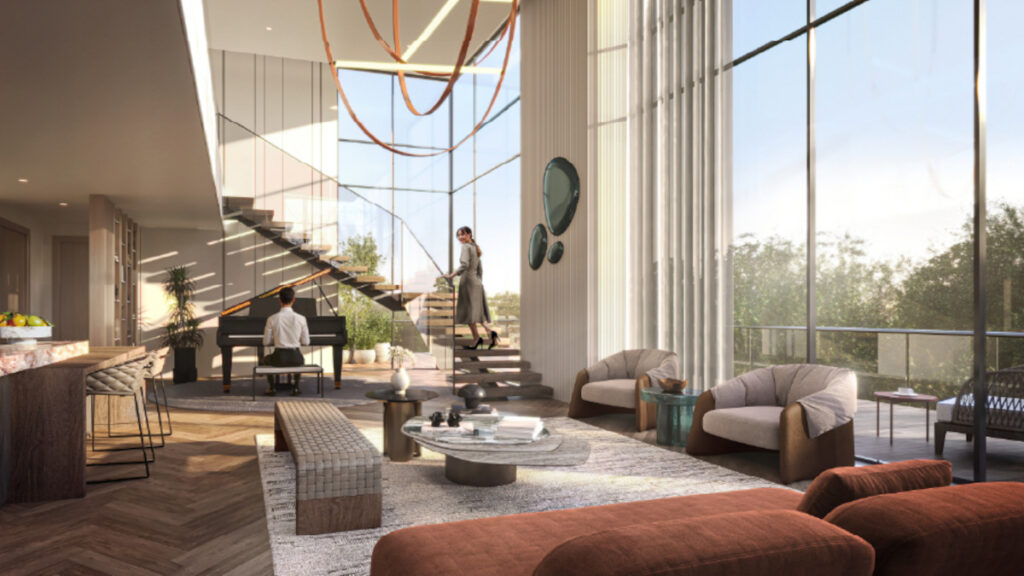 hall, terrace, stairs upward, open kitchen