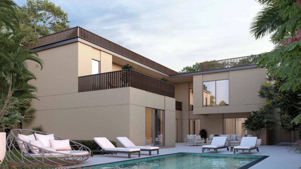 Sobha Elwood Forest-Inspired Luxury Villas in Dubailand - backyard with swimming pool