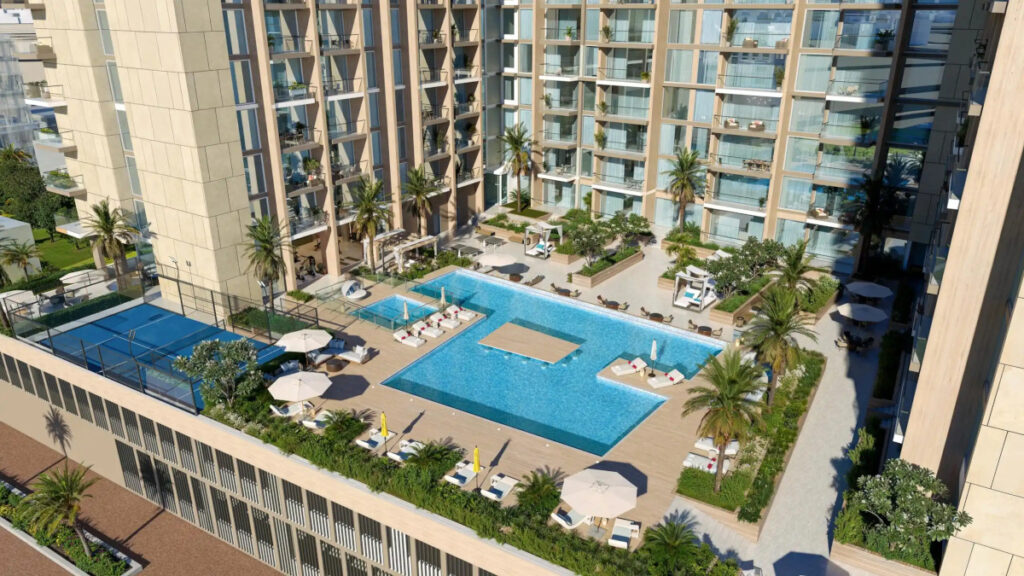 building perspective showing swimming pool and tennis courtyard