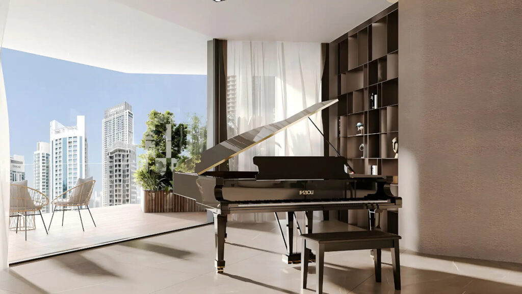 living room - piano and view of Downtown