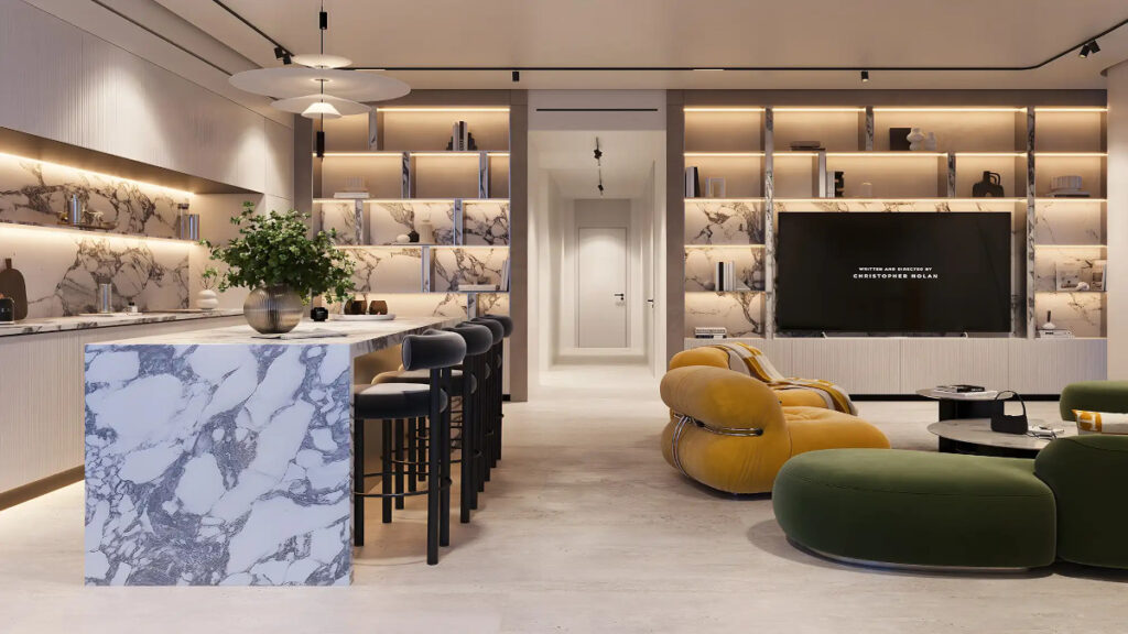 open kitchen, bar, living room