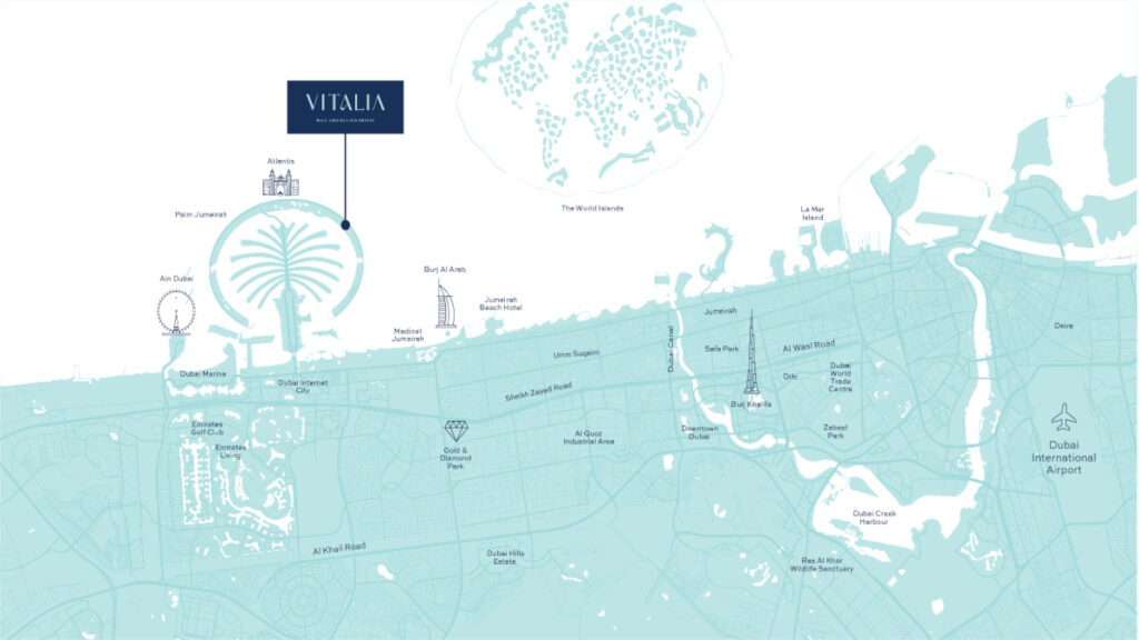 Dubai map showing the location of Vitalia Palm